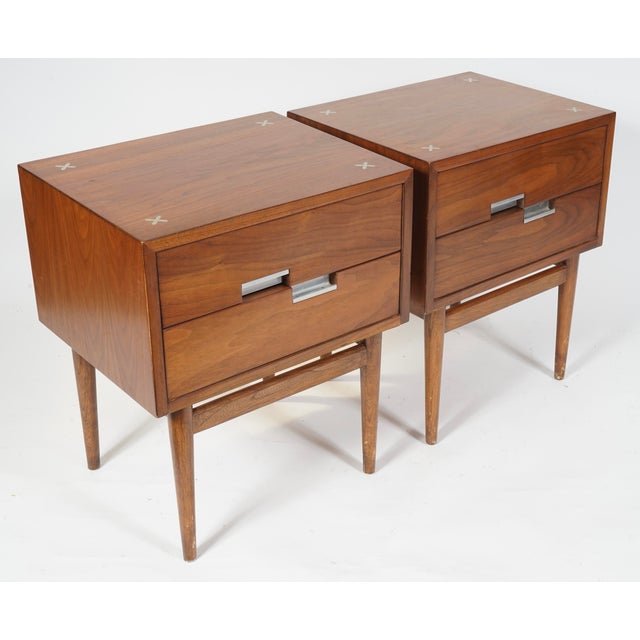 Brown 1960s Merton Gershun for American of Martinsville Mid Century X Inlay Walnut Nightstands Set of 2 For Sale - Image 8 of 9
