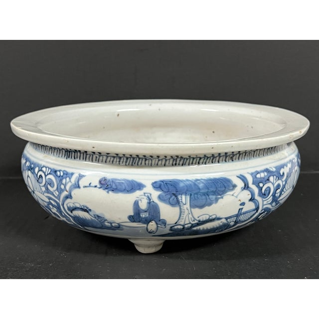Chinese Art Late 20th Century Porcelain Blue and White Incense Burner Floral and <ountain Scenery Design For Sale - Image 4 of 15