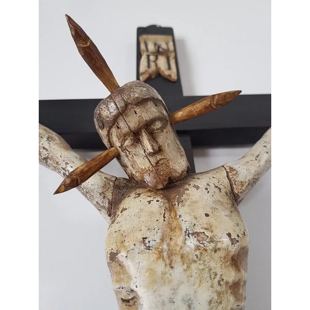 Lime wood poly-chromed body of Jesus on pine cross, painted with obvious patina. Folk hand crafted, region Bohemia....