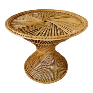 Vintage Mid Century Modern Round Hourglass Woven Rattan Wicker Twisted Table