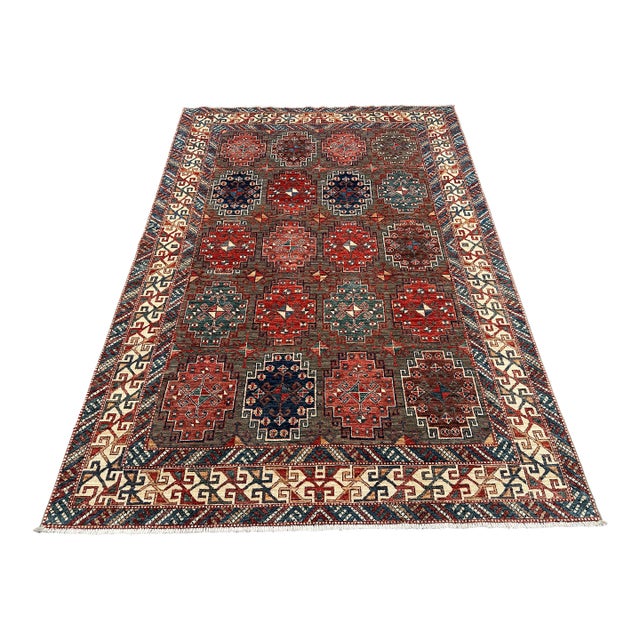 Boho Chic Caucasian Kazak Wool Rug — Handmade Vintage Tribal Geometric Shabby Chic Area Carpet For Sale