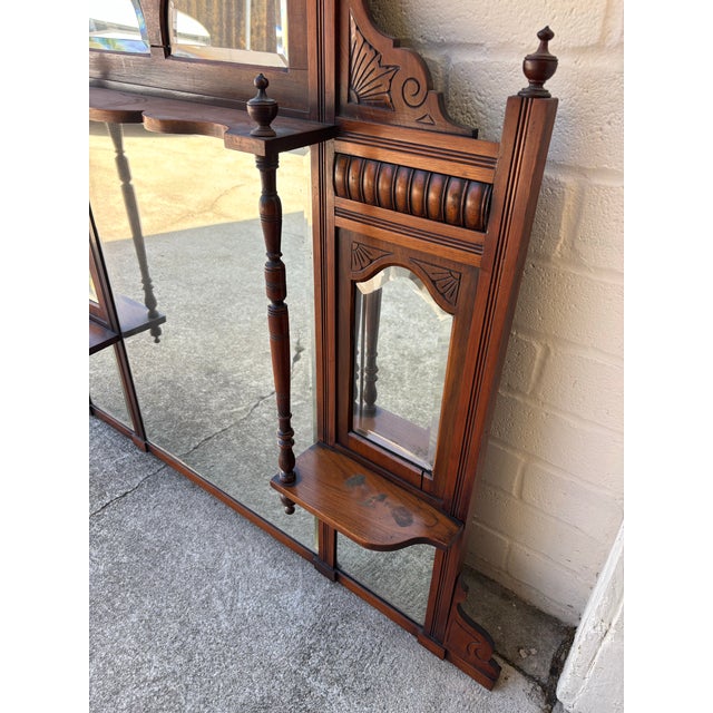 Antique Victorian or Eastlake-Style Carved Wood Overmantel Mirror Featuring Multiple Bevelled Glass Panels and Display Shelves For Sale - Image 4 of 9