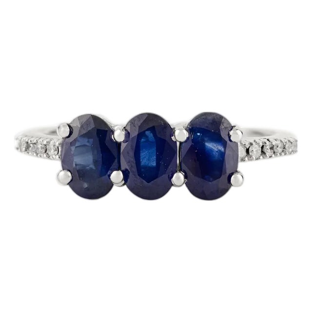 Prong Set Blue Sapphire Three Stone Diamond Promise Ring Size 6 in 14k Gold For Sale