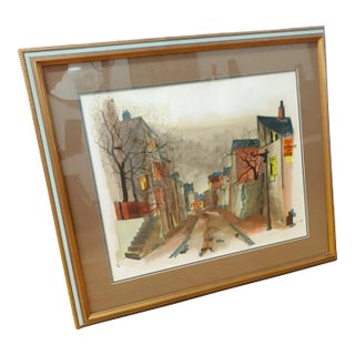 1960s P. Vignot Gouache With Glaze French Streetscape Painting, Framed For Sale