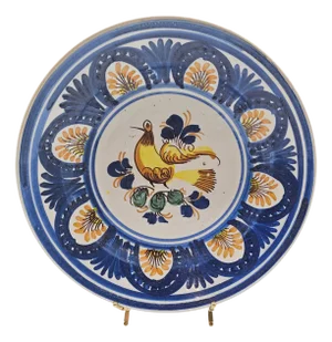 Vintage Spanish Majolica Manises Pottery Wall Plate With Yellow Bird and Blue Floral Motif