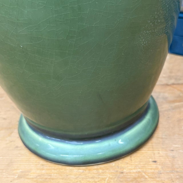 Ceramic Tall Green Vase with Mustard Top and Charcoal Glaze Band For Sale - Image 7 of 9