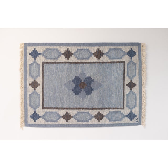 Mid-Century Modern Swedish Kilim Rug in Blues and Browns, 1960s For Sale - Image 9 of 9