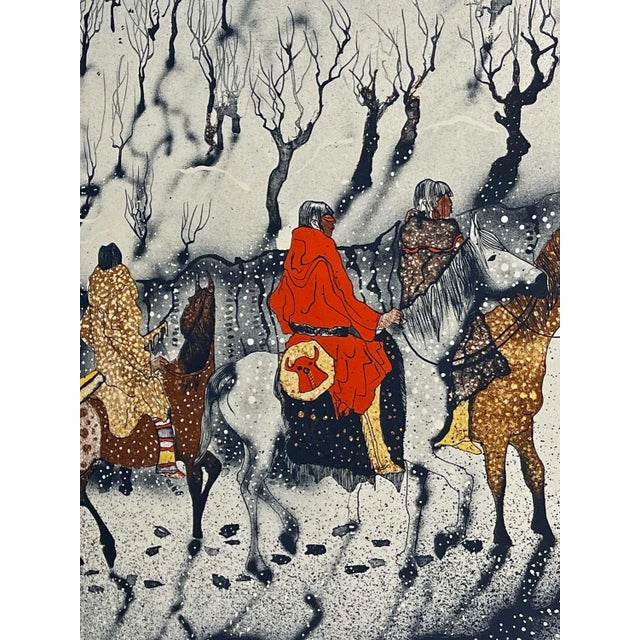 1980s 1980s C J Wells "Cold Snow Moon" Hand Signed Lithograph Mountains Native Themed For Sale - Image 5 of 8