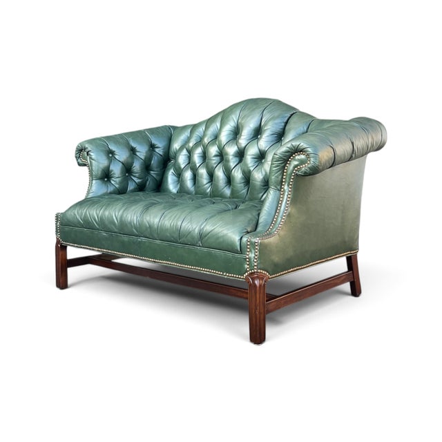 Wood Vintage English Chippendale-Style Forest Green Tufted Leather Camelback Settee For Sale - Image 7 of 15