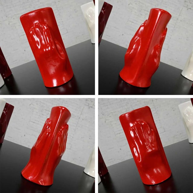 Maroon Folk Art Multi Color Molded Plastic or Acrylic Hand Vases Set of 7 For Sale - Image 8 of 13