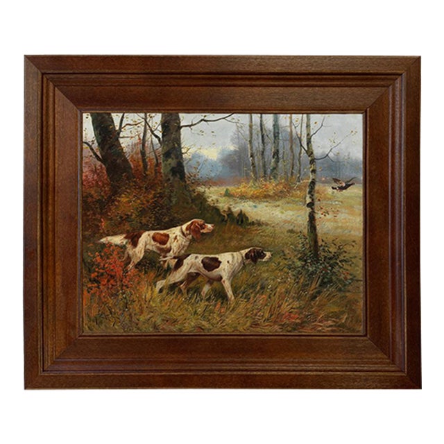 Two Pointing Dogs 8x10" Framed Reproduction Print on Canvas, Distressed Brown Wood Frame For Sale