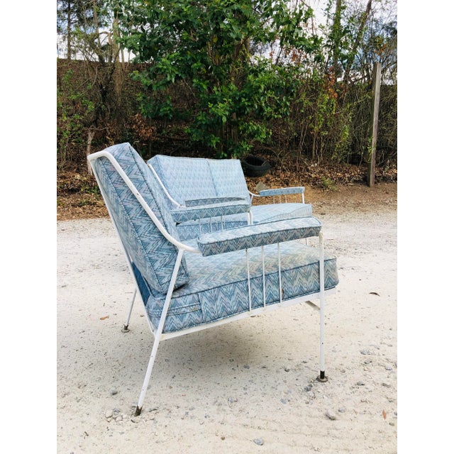 Vintage Mid Century Era Modern Metal Lounge Arm Chair & Matching Loveseat Sofa Porch Seating Set. Original White Coated...