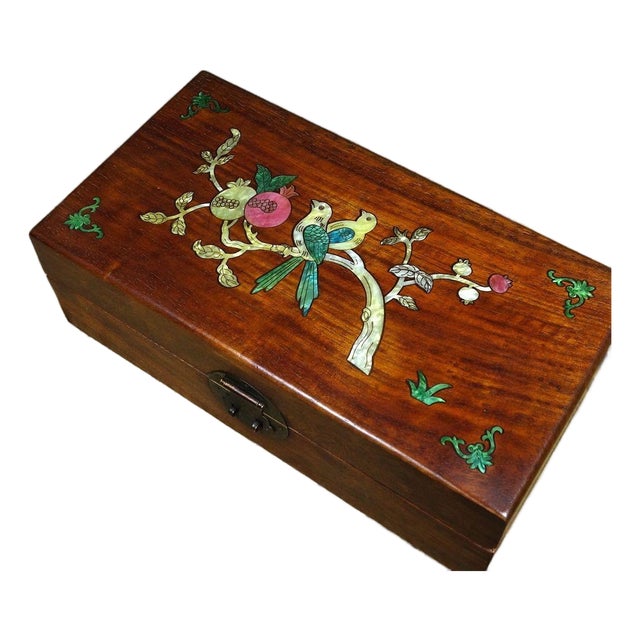 Vintage Chinese Rosewood Jewelry Box With Mother-of-Pearl Floral Inlay For Sale
