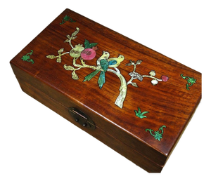 Vintage Chinese Rosewood Jewelry Box With Mother-of-Pearl Floral Inlay