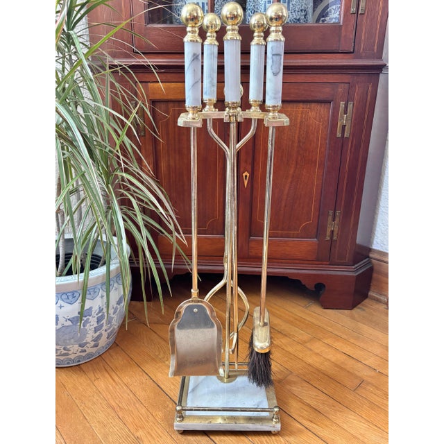 1980s Italian White Marble and Brass Fireplace Tools on Stand, Set of 5 For Sale - Image 9 of 9