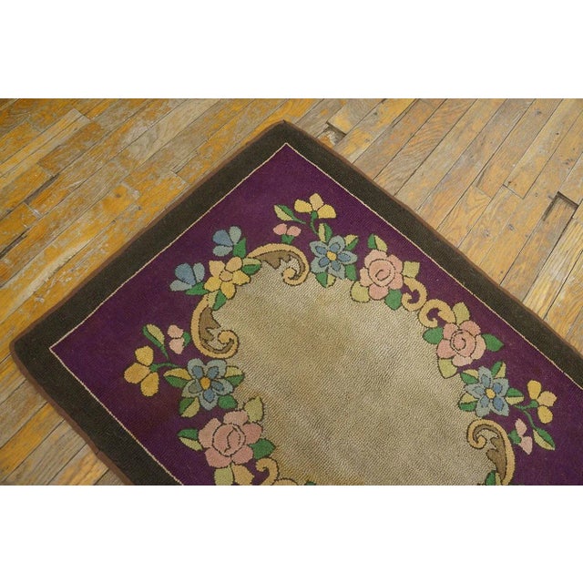1890s Purple Medallion Floral Handmade Folk Art Antique American Hooked Rug For Sale In New York - Image 6 of 10