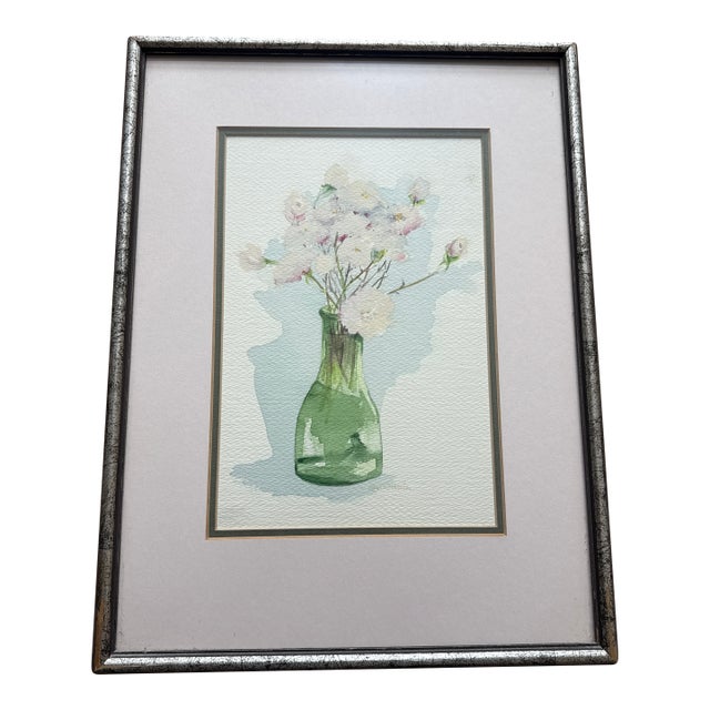 1970s Floral still life with green glass vase Floral Bouquet by Nancy Martin For Sale