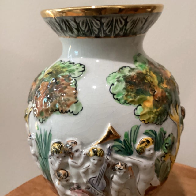 Vintage Pereiras Valado Porcelain Ornate Vase With Cherubs Raised Relief Hand Painted For Sale In Chicago - Image 6 of 12