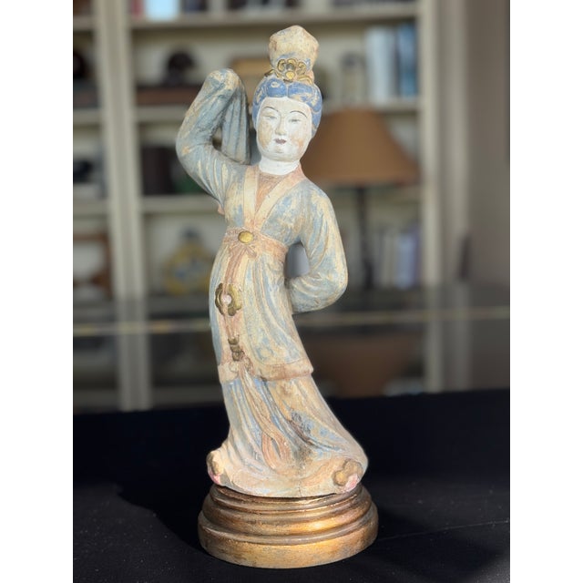 Chinese Antique Chinese Carved Wood Dancing Court Lady, Tang Style, Polychrome & Gilt, C. 1920s For Sale - Image 3 of 11