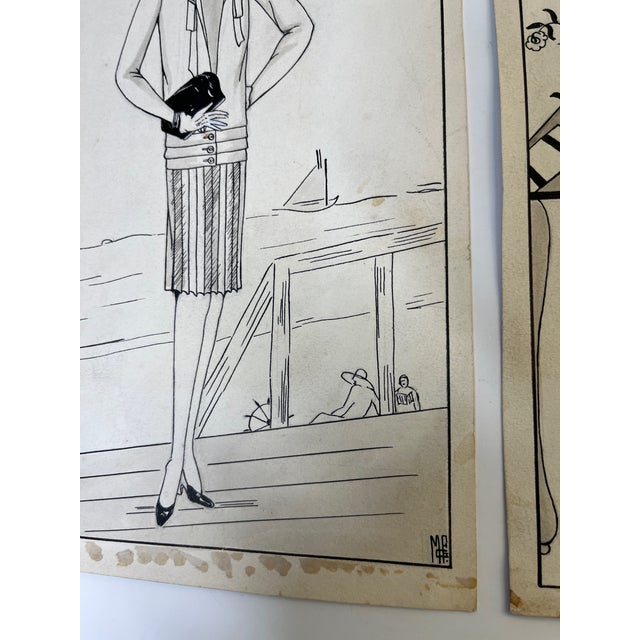 White Vintage Original Fashion Illustration Drawings - Set of 2 For Sale - Image 8 of 9
