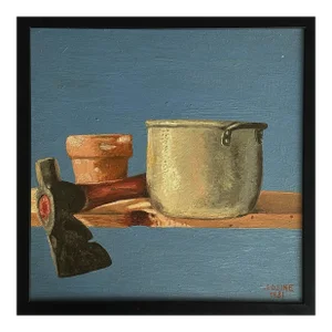 Vintage Expressionist Still Life With Axe, Pot, and Planter, Signed (Acrylic on Canvas, Framed)