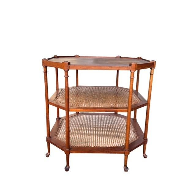 Baker Furniture Company Vintage Baker Furniture Octagonal Bookmatched Walnut & Cane Three-Tier Side Table For Sale - Image 4 of 7