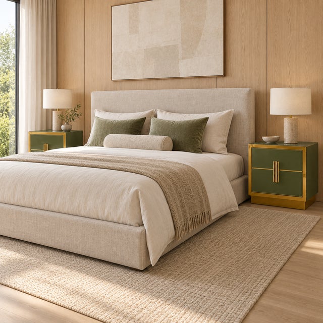 Olive Green Glass Nightstand with Recessed Brass Plinths, Italy, Set of 2 For Sale - Image 9 of 11