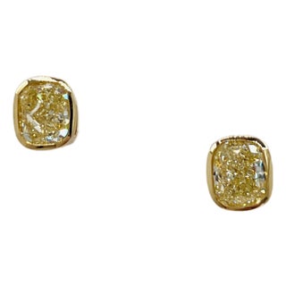 Gia 2 Carats Each Yellow Cushion Diamond Bezel Stud Earrings in 18k Yellow Gold, A Pair For Sale
