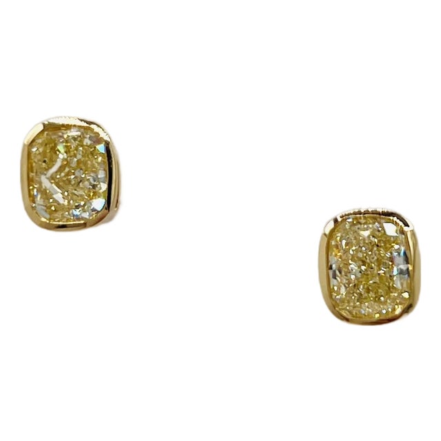 Gia 2 Carats Each Yellow Cushion Diamond Bezel Stud Earrings in 18k Yellow Gold, A Pair For Sale