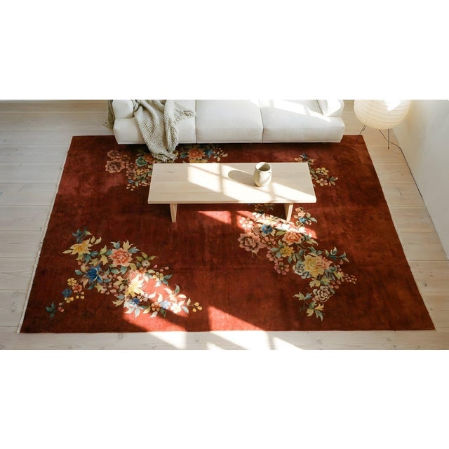 1930s Red Modernist Flowers Antique Chinese Art Deco Carpet 8'10'' X 11'4'' Knotted Wool Rug For Sale - Image 13 of 15