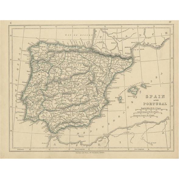 Antique Map of Spain and Portugal by Lowry, 1852 For Sale