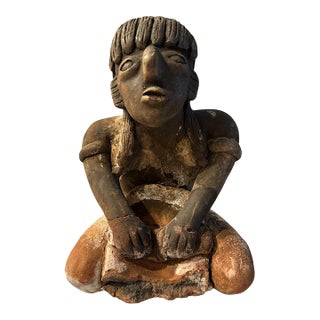 Mid 20th Century Pre-Columbian Style Nayarit Terracotta Kneeling Woman Grinding Metate Effigy Sculpture For Sale
