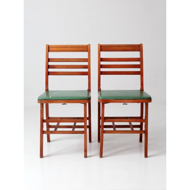 Mid-Century Modern Vintage 1950s Wooden Folding Chairs With Green Upholstered Seats Pair For Sale - Image 3 of 13
