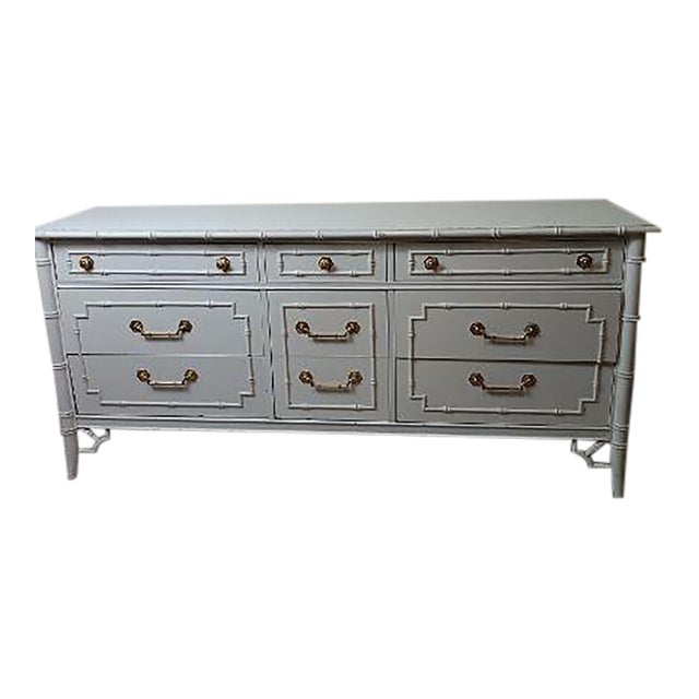 1970s Thomasville Allegro Faux Bamboo 9 Drawer Dresser Brass Hardware White Color For Sale