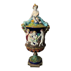 Antique Majolica Covered Urn Vase With Figural Putti Cherubs