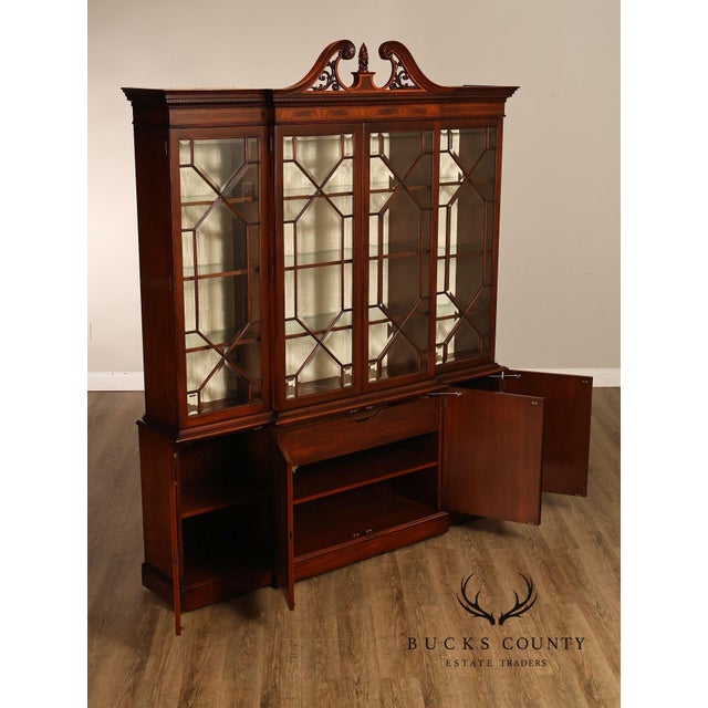 Wood Karges English Style Mahogany Breakfront China Cabinet Display Bookcase with Carved Pediment and Silk Backing For Sale - Image 7 of 18