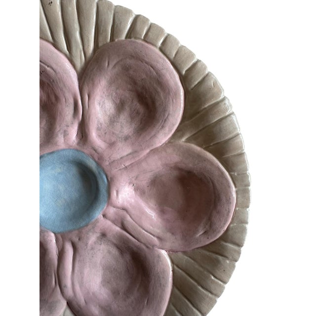 Abstract Vintage Hand-Painted Ceramic Oyster Serving Platter Pink Oyster Plate With Center Sauce Well Coastal Cottage Entertaining For Sale - Image 3 of 9