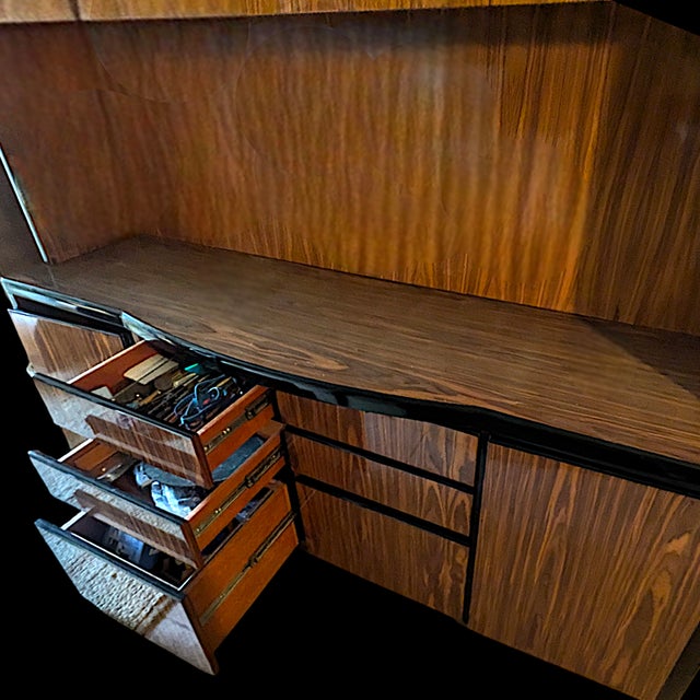 Wood Mid Century Vintage Lacquered Rosewood Veneer Credenza and Hutch Set -2 Pcs. For Sale - Image 7 of 18