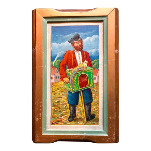 Maurice KishOrgan Grinder with Parrot Modern Judaica Oil Painting WPA Jewish artist For Sale