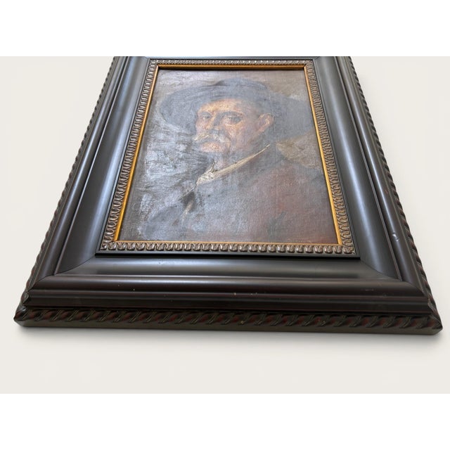 Original Antique European Moody Oil Portrait Painting of Gentleman in Hat Circa 1937 For Sale - Image 11 of 12
