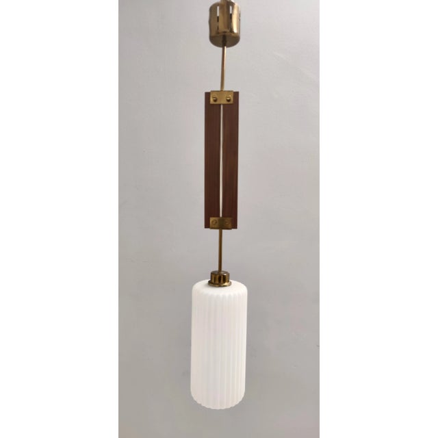 Glazed Opaline Glass, Teak and Brass Pendant, Italy, 1960s For Sale - Image 10 of 10