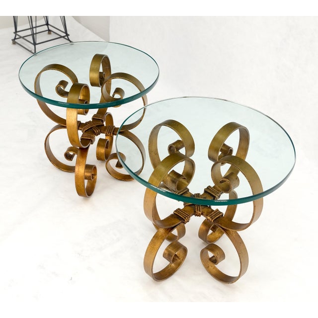Pair Italian Think 3/4" Glass Top Gold Gilt Scrolls Shape Bases End Tables Stand For Sale - Image 9 of 12