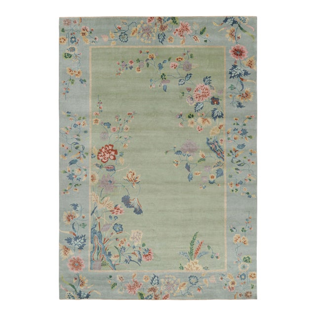Rug & Kilim’s Oversized Chinese Art Deco Style Floral Rug in Green and Blue For Sale