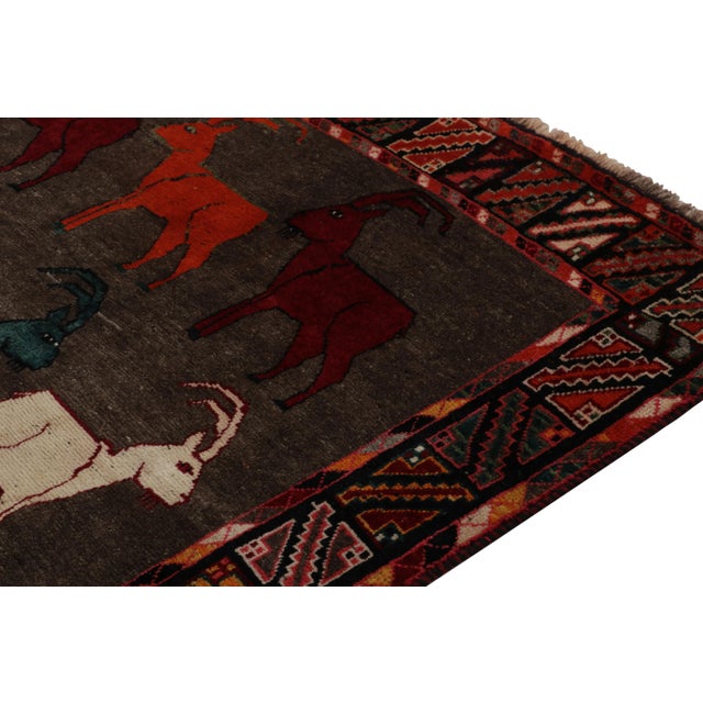 1950s 1950s Vintage Gabbeh Tribal Rug in Brown With Multicolor Ram Pictorial Patterns For Sale - Image 5 of 8