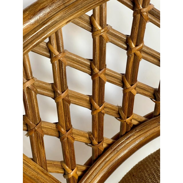 McGuire 1970’s Palm Beach, Coastal Vintage Lattice Back Rattan Bamboo Wicker Cane Horseshoe Chairs With Original Upholstery - A Pair For Sale - Image 4 of 11