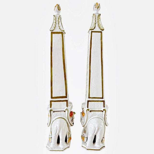 Meiselman Imports 1960s Italian Terracotta Faience Elephant Obelisks With Finials, Made in Italy for Meiselman Imports, a Pair For Sale - Image 4 of 12