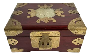 Rosewood Jewelry Box Brass Carved Jadeite Asian Chinoiserie Medallion Hinged Lid Lock Trunk