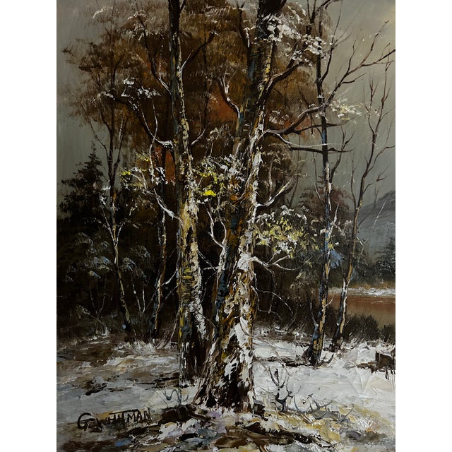 1960s Vintage Mid Century Original Large Landscape Oil Painting of Snowy Mountains in Black & Gold Frame For Sale - Image 5 of 8