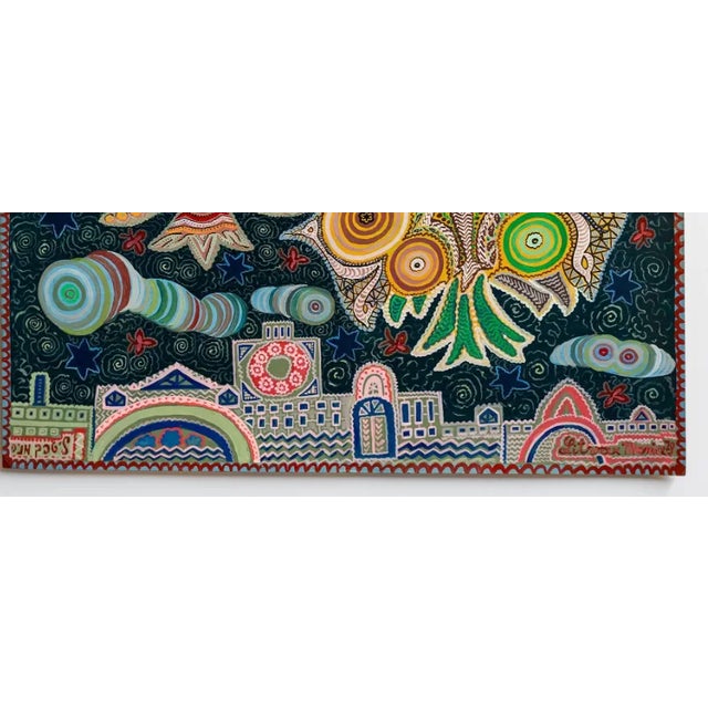 Folk Art Menia Litvak Israeli Folk Art Bright Colorful Naive Jerusalem Vibrant Landscape Painting 1979 For Sale - Image 3 of 3