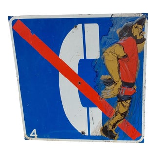 Vintage Urban Art, Industrial Original Painting of Lineman, Advertising, Telephone Sign For Sale